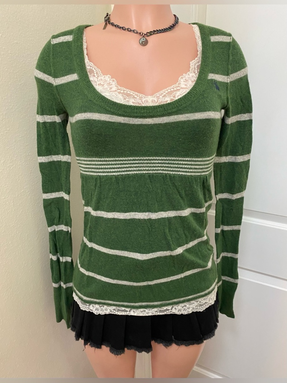 Y2k vintage Abercrombie green and white striped babydoll long sleeve sweater - Picture 12 of 15